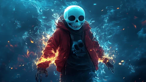 Flaming skull street phantom in vivid neon stormscape.
