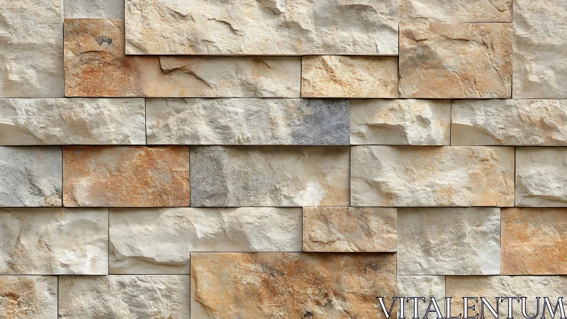 Stacked Natural Stone Wall With Textured Beige and Brown Blocks.