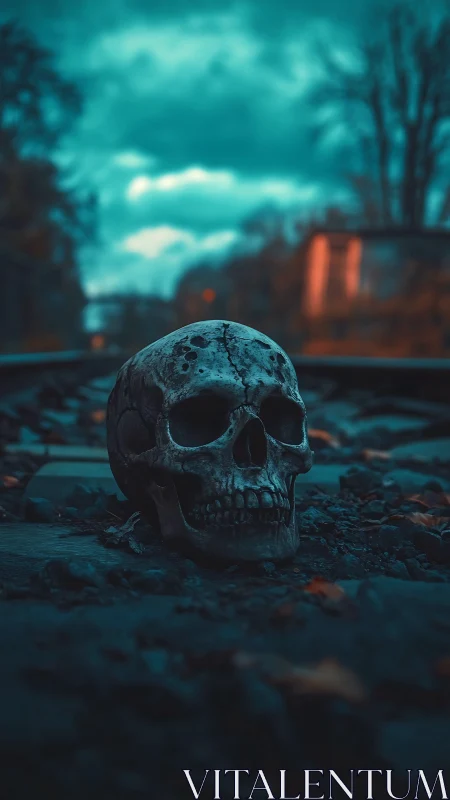 Moody skull resting on quiet twilight train tracks.