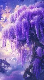 Wisteria waterfall drapes a dreamlit sky over violet peaks.