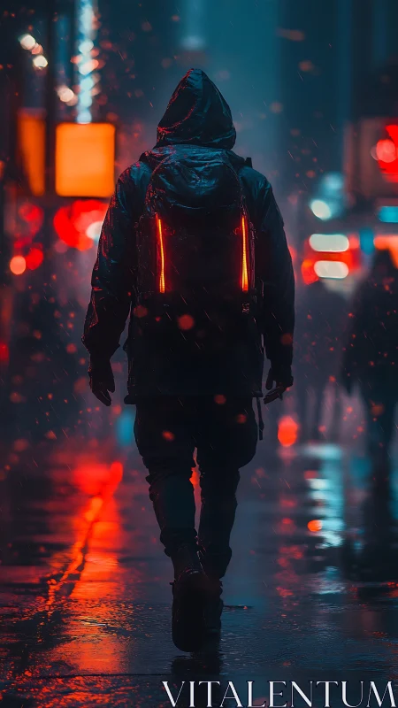 Hooded figure walks neon city street in steady night rain.