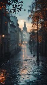 Nocturnal cobblestone axis toward neo-gothic clocktower skyline.