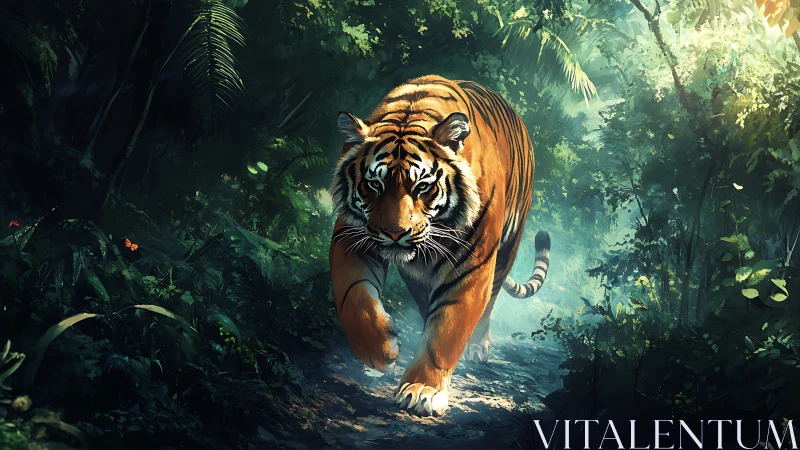 Tiger walking along shaded jungle path in dense foliage.