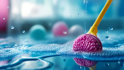 Colorful dish scrubber in soapy water, close-up focus.