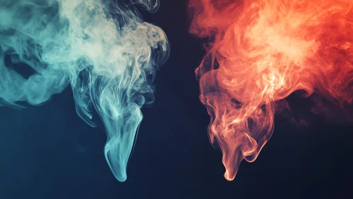 Dual colored smoke plumes in blue and orange contrast.