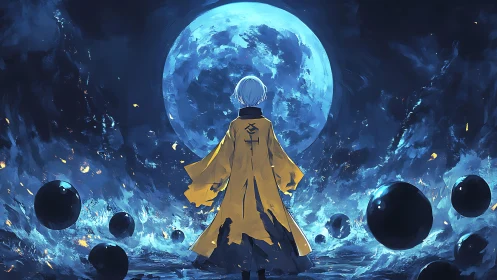 Luminous lunar vortex with cloaked figure and orbiting voids.