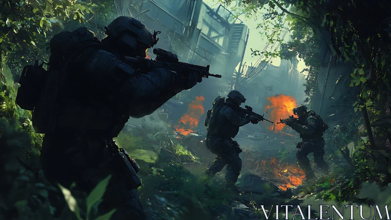 Tactical assault team in overgrown urban combat corridor.