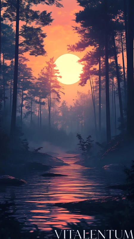 Sunlit river glows beneath a misty twilight forest sky.