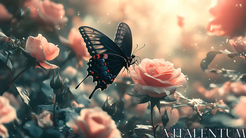 Butterfly resting on dewy rose in glowing garden light.