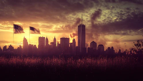 Photorealistic city skyline at sunset with flag silhouettes.