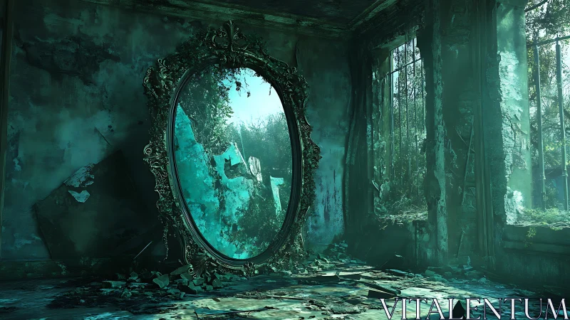 Digital painting of decayed hall with ornate portal mirror focus.