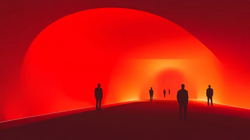 Silhouetted figures in a red minimalist tunnel space.