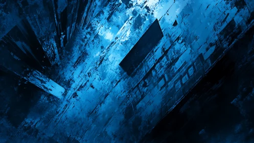 Angled blue digital structure suggests fractured urban plane