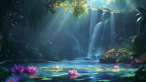 Dense forest pool with multi-tier waterfalls and lilies.