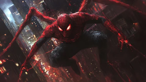 Red armored spider hero leaping over dark rainy city