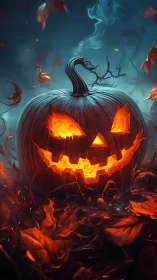 Glowing jack-o’-lantern grinning through a wild autumn night.