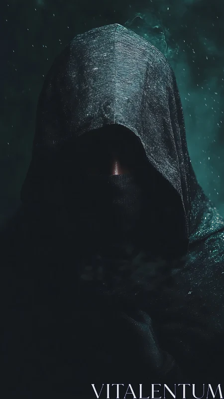 Mysterious hooded figure stands quiet in the rainy darkness