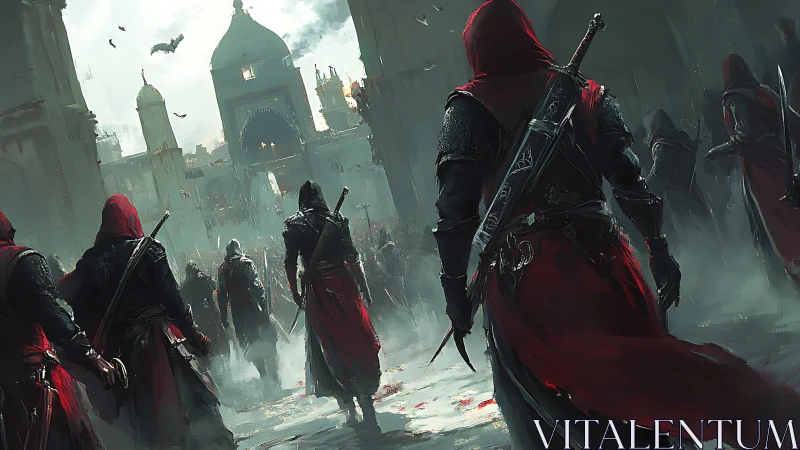 Scarlet cloaked warriors stride toward a stormy city gate
