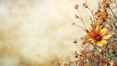 Textured Floral Composition: Aged Botanical Study with Warm Tonal Degradation.