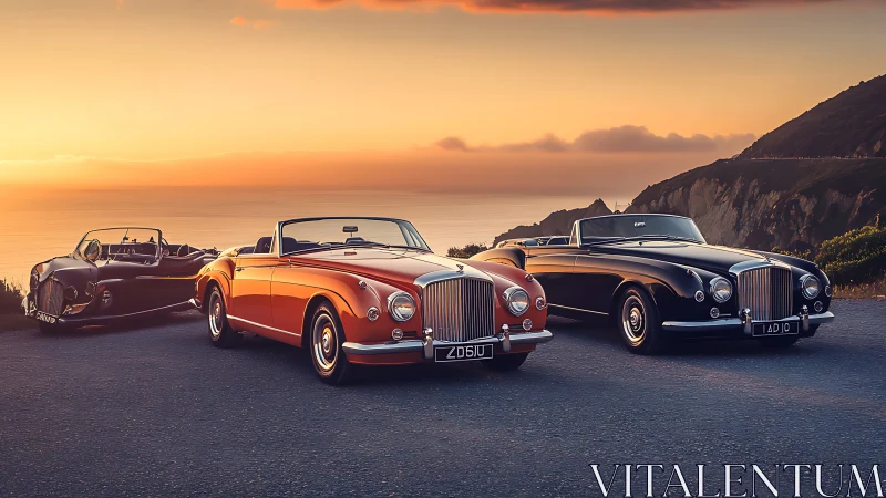 Sunset road serenade with classic luxury convertibles poised.