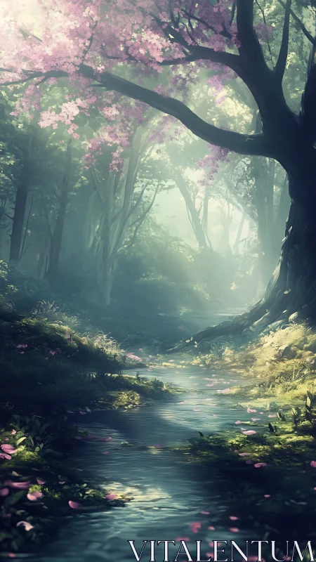 Luminous Forest Stream: Ethereal Landscape Through Bloom-Laden Canopy.