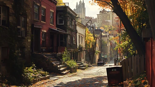 Autumn light softens quiet cobblestone city backstreet
