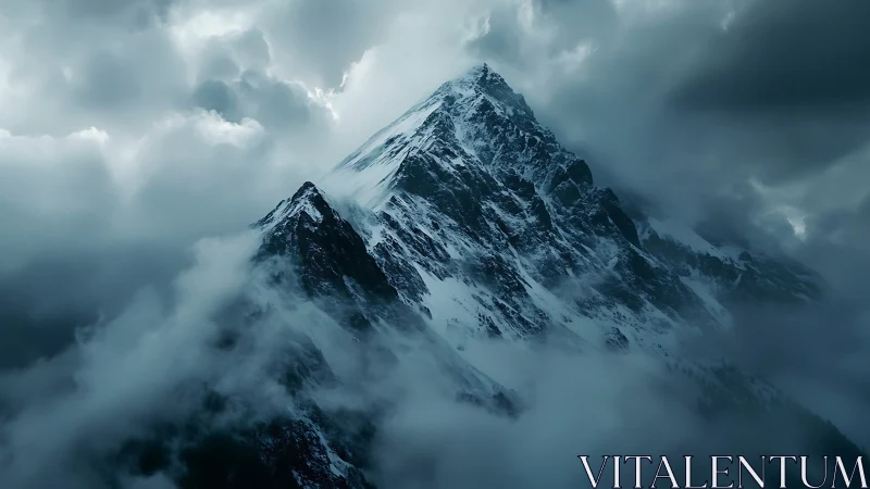 Snow covered mountain peak rising through dark storm clouds.