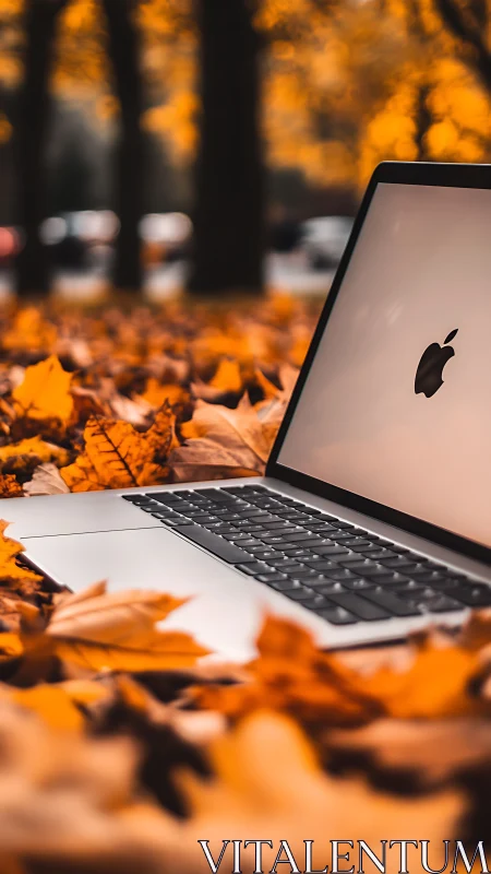 Open laptop on autumn leaves in soft outdoor daylight.