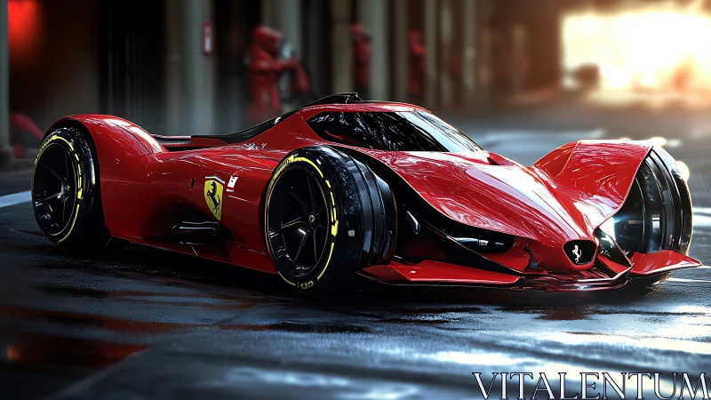 Futuristic red Ferrari concept hypercar on wet pit lane