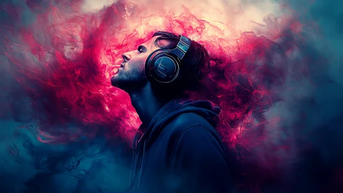Side-profile listener in hoodie immersed in neon vapor soundscape