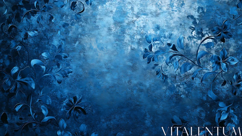 Midnight sapphire florals curling across textured mist.