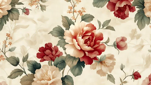 Romantic Peony Garden Pattern in Red and Cream.