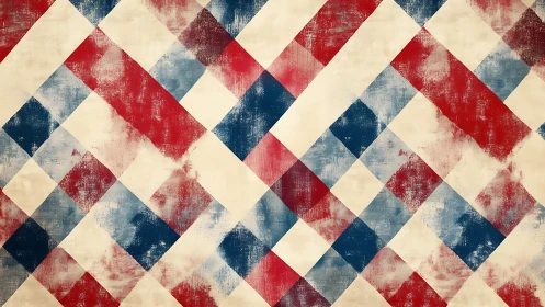 Plaid geometry drifts in worn red, blue and cream diagonals