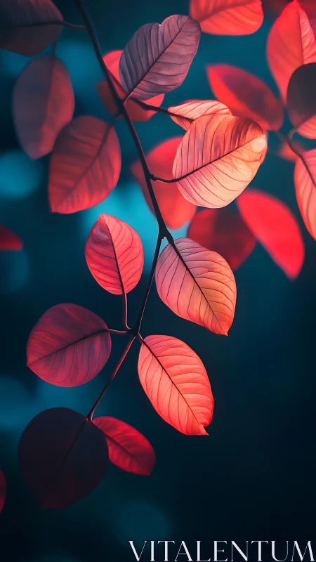 Glowing pink leaves drift against deep teal twilight bokeh.