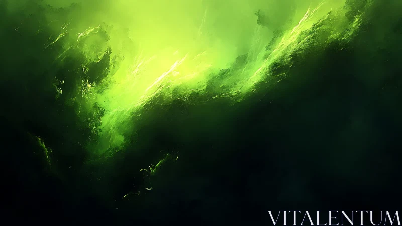 Vivid Abstract Green Light Burst in Dark Digital Art Style.