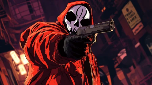 Crimson hooded reaper levels a pistol in neon backstreets