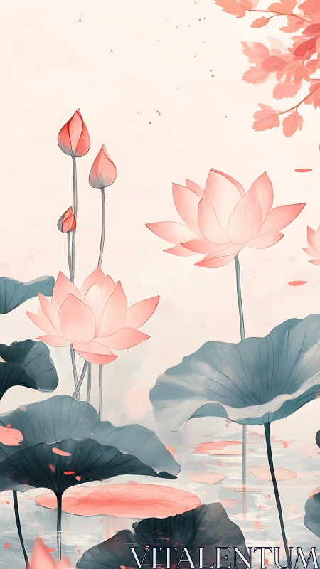 Pastel lotus blossoms with teal foliage in serene water garden.