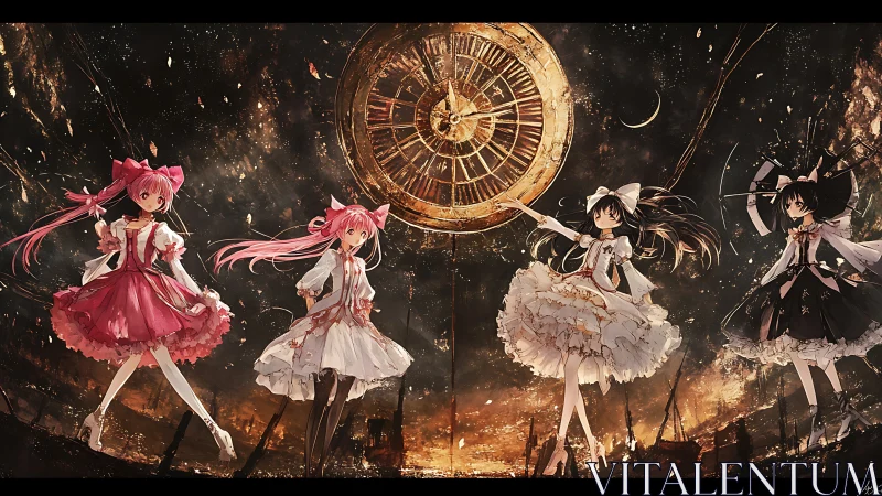 Anime quartet beneath ruined celestial clockwork in motion.