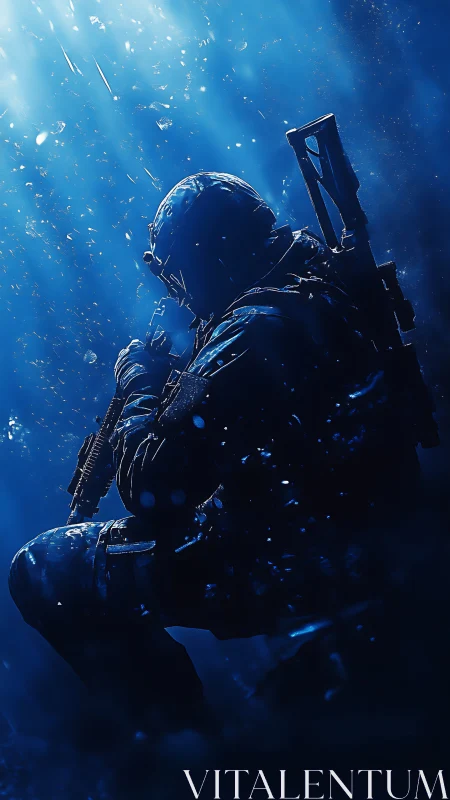 Submerged tactical operator rendered in high-contrast cyan lighting