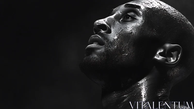 Glistening black and white portrait of an athlete in focus.