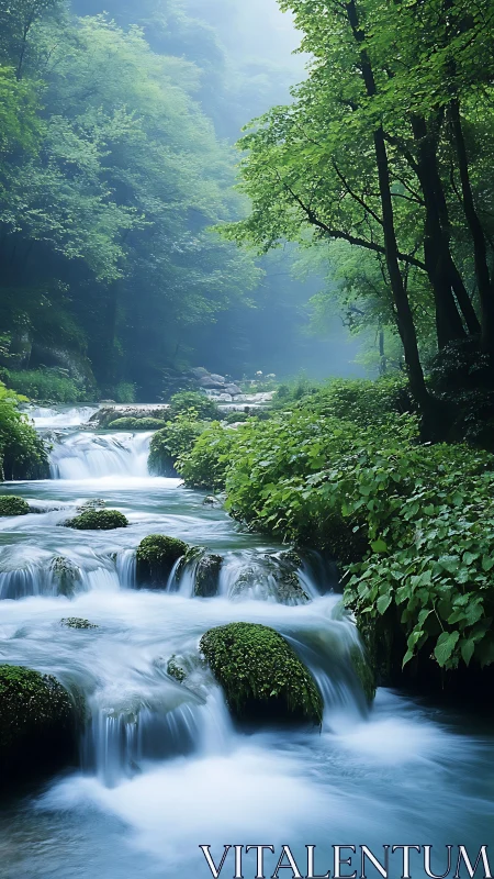 Mist-kissed forest cascade where emerald moss drinks light.