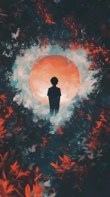 Silhouette before glowing moon amid red forest portal.