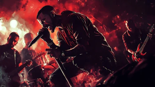 Rock vocalist leading intense red-lit live concert scene.