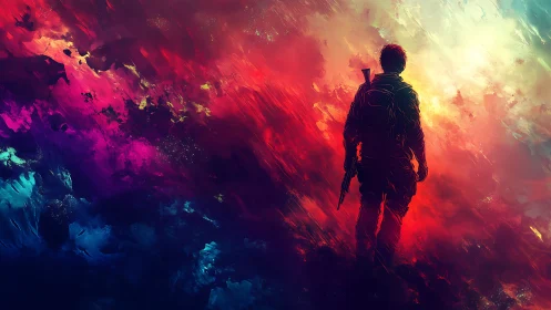 Silhouetted figure walks through abstract multicolor field