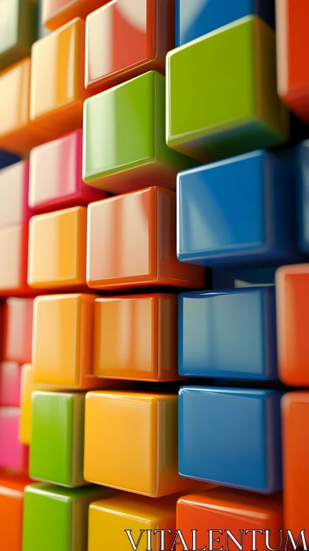 Chromatic stacked cubes with glossy extruded geometry.