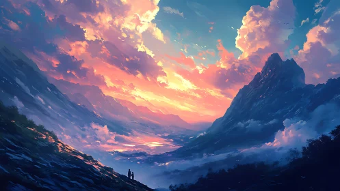 Vast mountain valley under vivid sunset sky panorama.