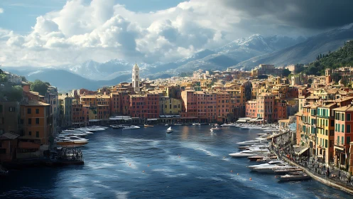 Harbor settlement surrounds calm bay under layered cloud cover