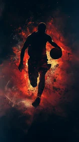 Fire-lit basketball silhouette racing through cosmic sparks.