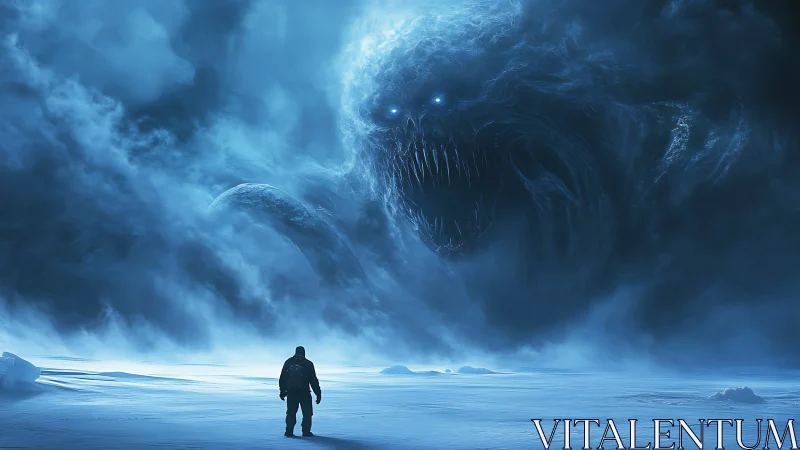Frozen wanderer facing a colossal stormborn nightmare.