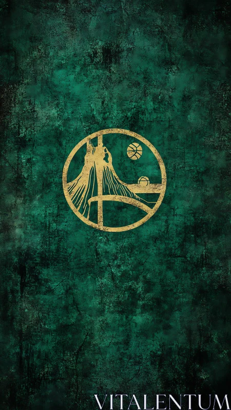 Circular mountain emblem is centered on textured green field